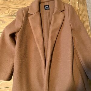 Zara Women’s Tan Peacoat – Camel / Caramel – Open Front, Cocktail Length